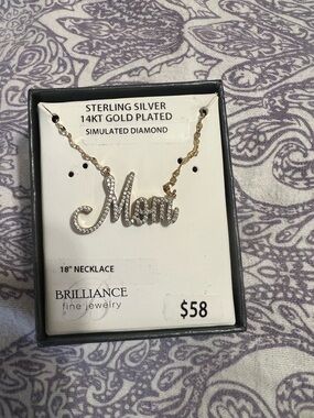 'Mom' Necklace - 14KT Gold Plated Sterling Silver with Simulated Diamonds - Gold